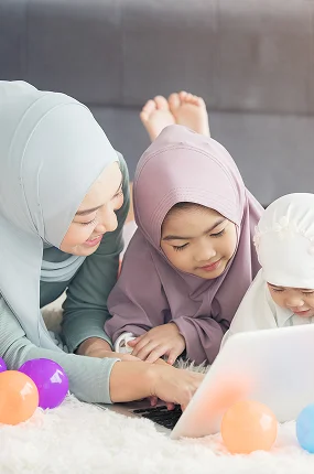 Muslim Mother Working With Laptop Cute Little Baby Playing Toys Living Room Home 1